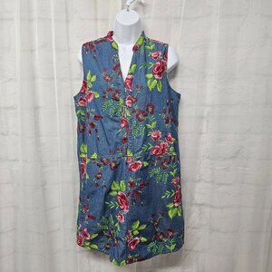 Beige Eci Blue Chambray Dress Floral Embroidered Sleeveless Mini Boho 6